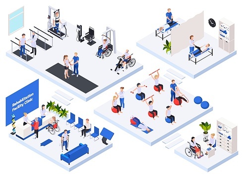 Rehabilitation physiotherapy clinic concept isometric layout with reception waiting room massage treatment exercise machines equipment  vector illustration