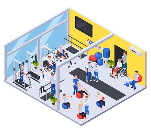 Medical rehabilitation center interior isometric view with physiotherapy treatment exercises for injured disabled recovering  patients vector illustration