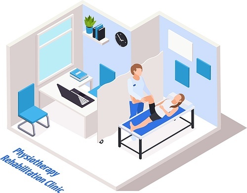 Rehabilitation clinic doctor office interior isometric composition with physiotherapist performing low limb strengthening treatment  vector illustration