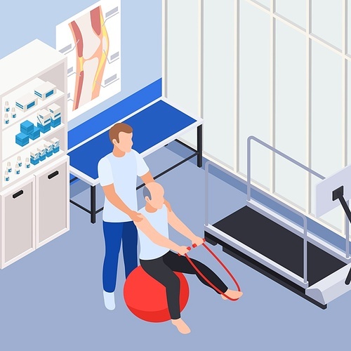 Rehabilitation clinic doctor office interior isometric composition with physiotherapist assisting stability ball balance stretch  exercises vector illustration