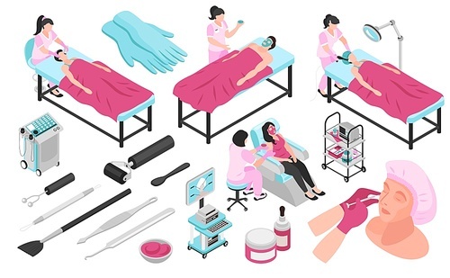 Isometric cosmetologist horizontal set with isolated icons of professional medical equipment and images of cosmetological procedures vector illustration