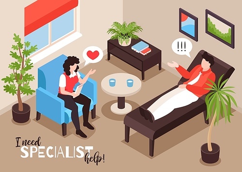 Isometric psychologist composition with therapist office interior scenery with talking people lounge furniture and thought bubbles vector illustration
