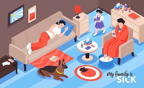 Isometric cold flu virus sick family composition with domestic interior and family members during disease run vector illustration