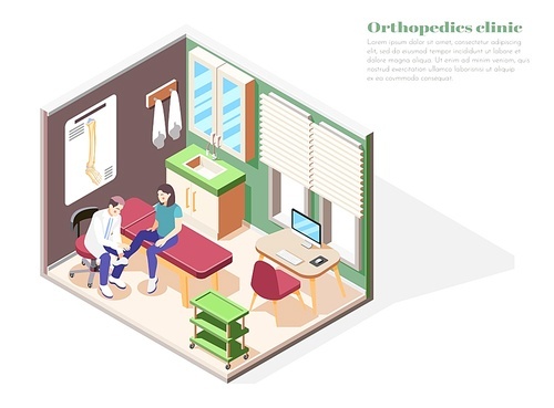 Orthopedics clinic concept with injury treatment symbols isometric vector illustration