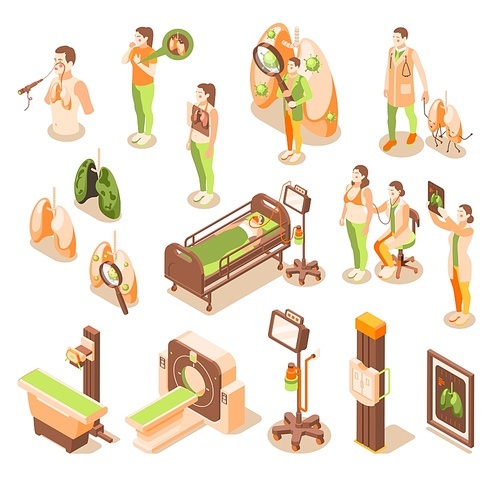 Lung inspection recolor icons set with illness treatment symbols isometric isolated vector illustration