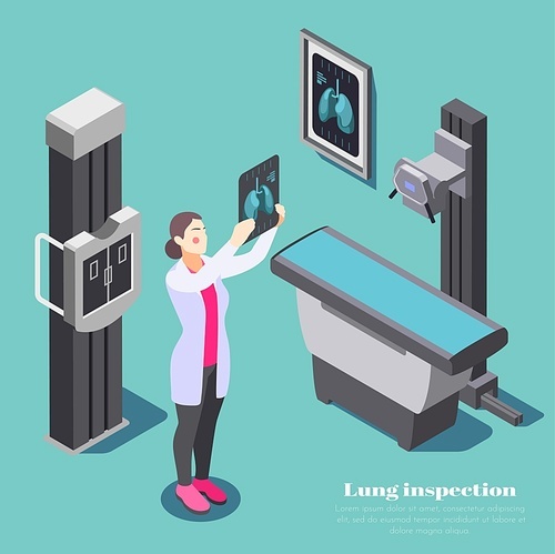 Lung inspection composition with Xray examining symbols isometric vector illustration
