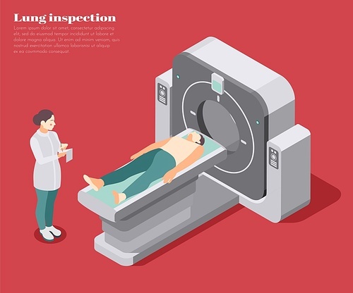 Lung inspection poster with diagnostic scan symbols isometric vector illustration