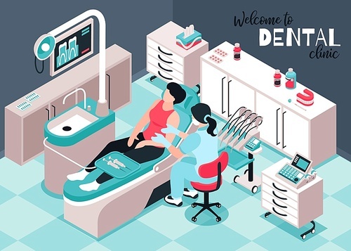 Isometric dantist background composition with indoor view of dental clinic office with dentist character and patient vector illustration