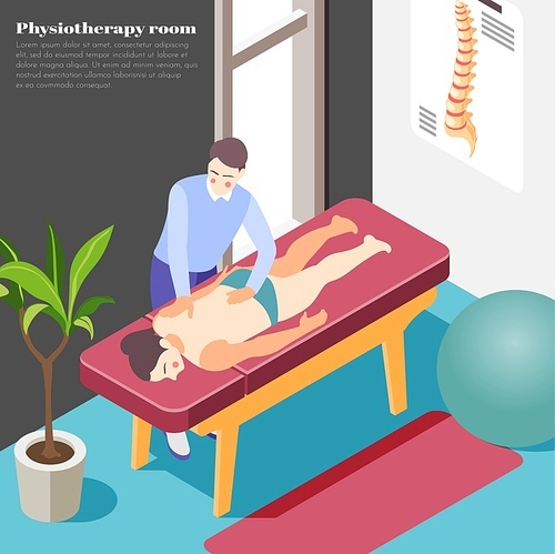 Orthopedics clinic background with massage and physiotherapy symbols isometric vector illustration
