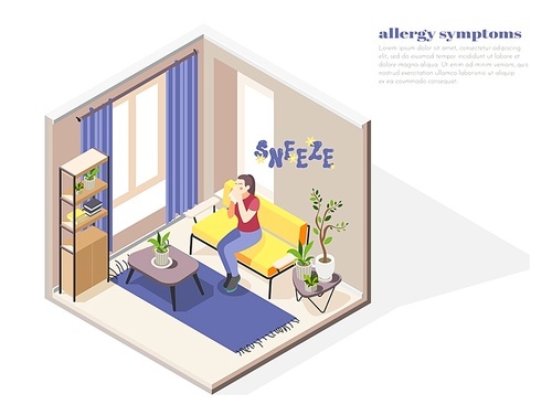 Allergy symptoms concept with allergens factors symbols isometric vector illustration