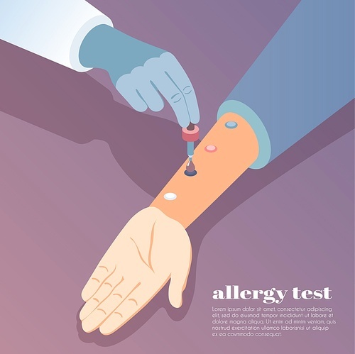 Allergy symptoms background with allergens test symbols isometric vector illustration