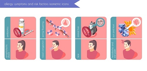 Allergy symptoms banners set with risk factors symbols isometric isolated vector illustration