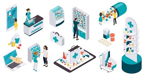 Pharmacy isometric recolor icons set illustrated online service for buying drugs isolated vector illustration