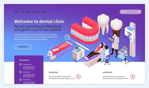 Isometric dantist website template design with dentists equipment images people clickable links buttons and editable text vector illustration