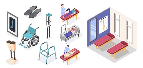 Orthopedics hospital set with equipment and injury treatment symbols isometric isolated vector illustration
