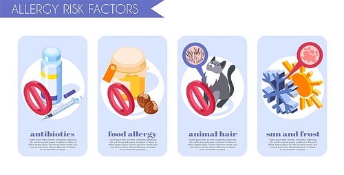 Allergy symptoms banners set with food allergy symbols isometric isolated vector illustration