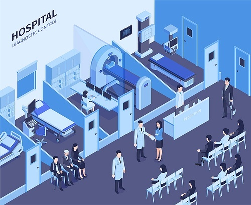 Hospital interior isometric composition with receptionist front desk waiting room  diagnostic ultrasound mri scanners patients vector illustration