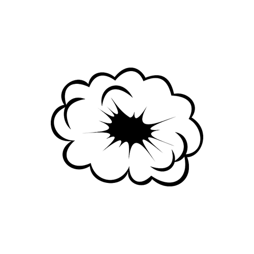 Comic puff or boom symbol isolated cloud black in center. Vector bang burst bubble, explosion cloud