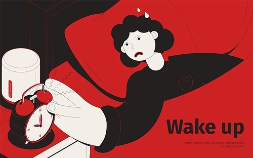 Wake up alarm isometric background with bedroom view of unhappy woman character turning off alarm clock vector illustration