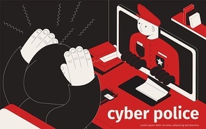 Cyber police isometric background composition with hacker workplace and policeman looking out of desktop computer screen vector illustration