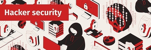 Hacker security site isometric composition with text and isolated icons cyber thief character and digital symbols vector illustration