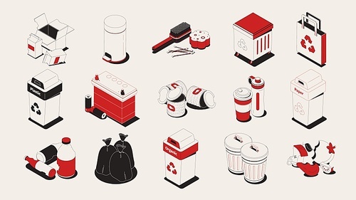 Proper recycling waste sorting garbage set isometric red white black vector illustration