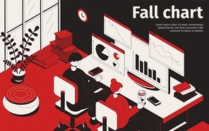 Fall chart isometric background composition with office scenery and workers watching stock graphs on computer screens vector illustration
