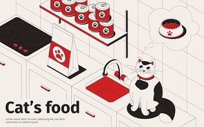 Cat food isometric background with text and kitchen interior with pets food packages and hungry cat vector illustration