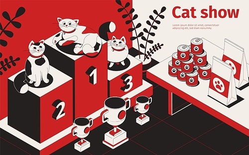 Cat show isometric background with cats on podium prize trophies and pet food with editable text vector illustration