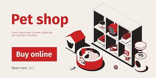 Pet shop horizontal banner with isometric goods on sale with buy online button and editable text vector illustration
