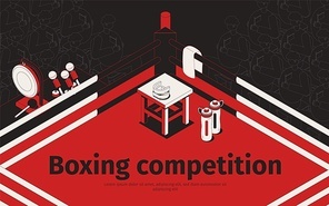 Boxing competition isometric background with view of prize-ring with silhouettes of audience and editable text vector illustration