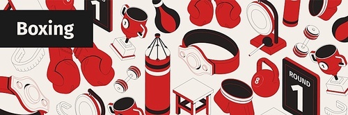 Boxing web site pattern isometric composition with text and icons of gloves punching bags and trophies vector illustration