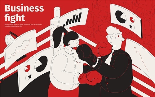 Business fight isometric poster with male and female characters in boxing gloves fighting each other in ring vector illustration