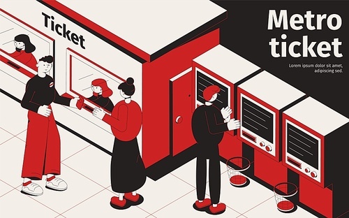 Underground isometric poster with passengers  buying tickets at ticket office and metro vending machines vector illustration
