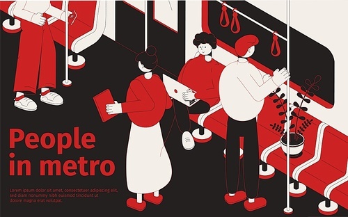 people in metro isometric poster with passengers standing and sitting in  subway car vector illustration
