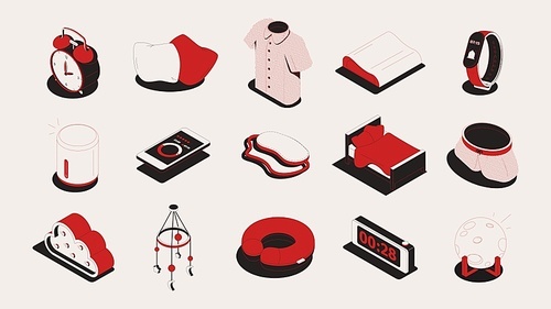 Sleep goods set of isometric icons and isolated images of soft clothes alarm clocks and gadgets vector illustration