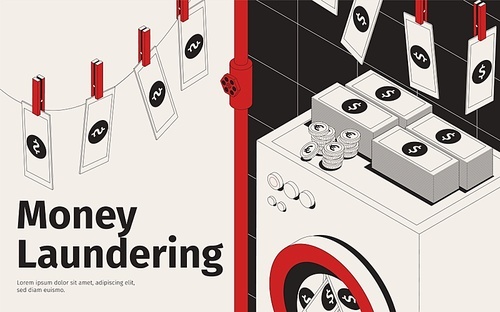 Money laundering concept with isometric washing machine and drying banknotes vector illustration