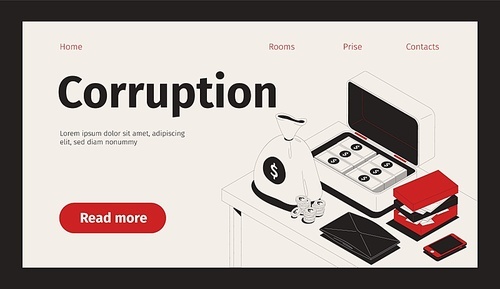 Corruption web site landing page with isometric images of cash with clickable links buttons and text vector illustration