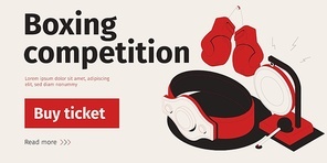 Boxing competition horizontal banner with isometric images of championship belt editable text and buy ticket button vector illustration