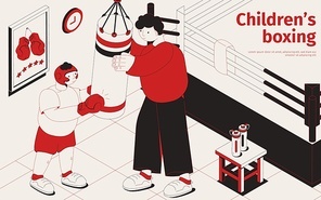 Kids boxing isometric poster with instructor showing exercises with punching bag to boy in gloves helmet and protective suit vector illustration