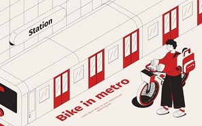 Metro station isometric background with young passenger with his bike waiting for train vector illustration