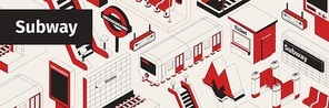 isometric white red and black seamless  with subway trains ticket barrier escalator 3d vector illustration