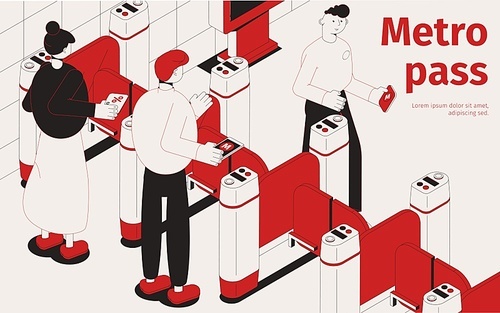 Subway pass isometric composition in black and red color with passengers entering metro station through turnstiles vector illustration