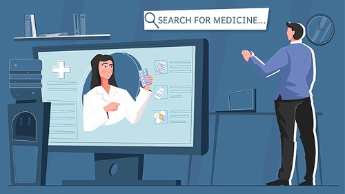Online pharmacy flat with search for medicine headline and provisor advises patient on the Internet vector illustration