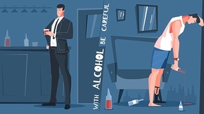 Alcohol addiction flat composition with alcohol be careful and before and after situations vector illustration