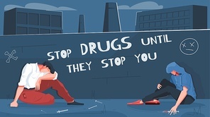 Drug addiction flat composition with backstreet scenery cityscape background and human characters with syringe and text vector illustration