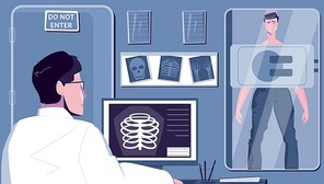 X-ray examination flat composition with images of computer radiograph equipped room with patient and doctor vector illustration