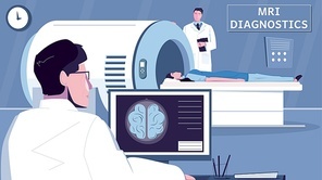 Mri examination flat composition with diagnostics office scenery and doctor characters with medical apparatus and patient vector illustration