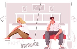 Divorce people flat composition with indoor scenery and characters of divorced couple with broken heart icons vector illustration