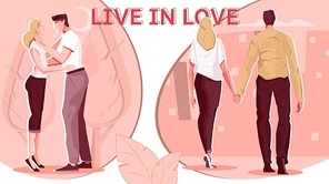 Love people flat composition with images of couple during date and outdoor walk with editable text vector illustration